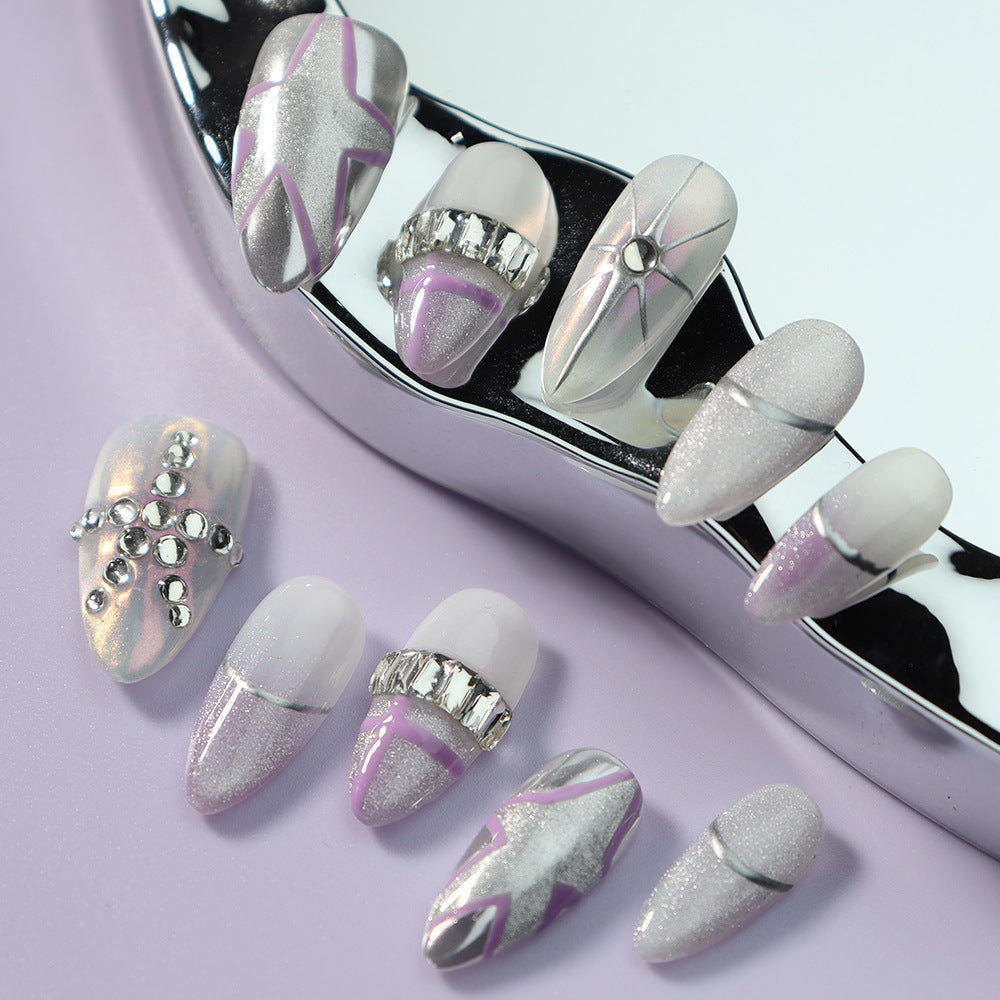 Star Cat's Eye  French Tip Handmade Almond  Nails  A919 - NoirNail