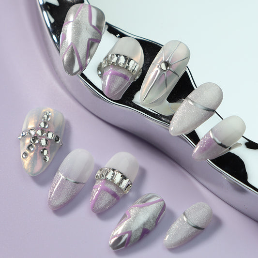 Star Cat's Eye  French Tip Handmade Almond  Nails  A919 - NoirNail