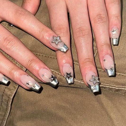 Grey Star Cat Eye Coffin French Press On Nails - NoirNail