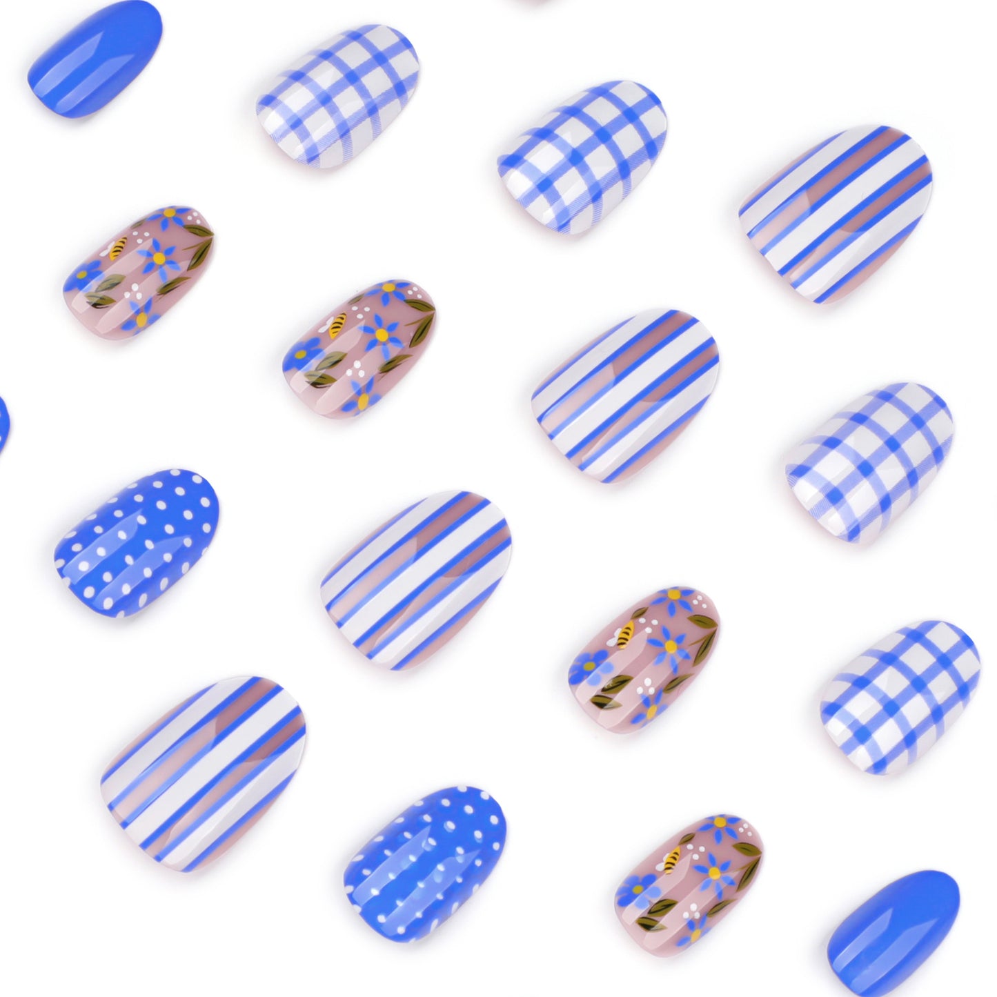 Blue and White Checkered Stripes Oval 24PCS Free Size Press on Nails JP3960