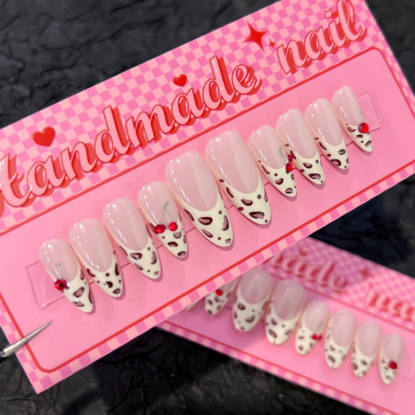 French Leopard 3D Cherry Almond 10PCS Free Size Press on Nails SP174