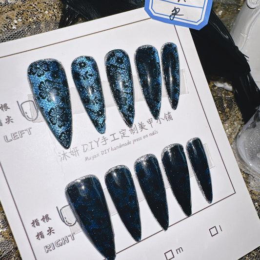 Blue Lace cat eye style 100% Handmade Pressons - NoirNail