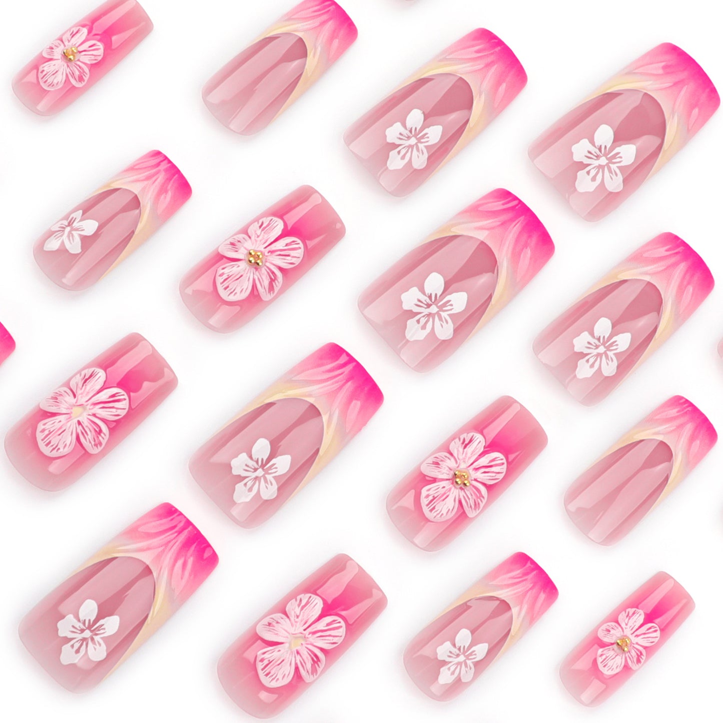 3D Flowers French Blush Duck 24PCS Free Size Press on Nails JP3500