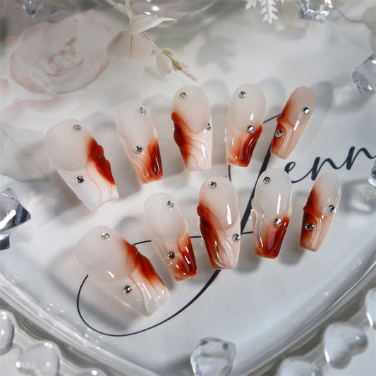 Tiramisu French Tip Handmade Coffin Press on Nails A544