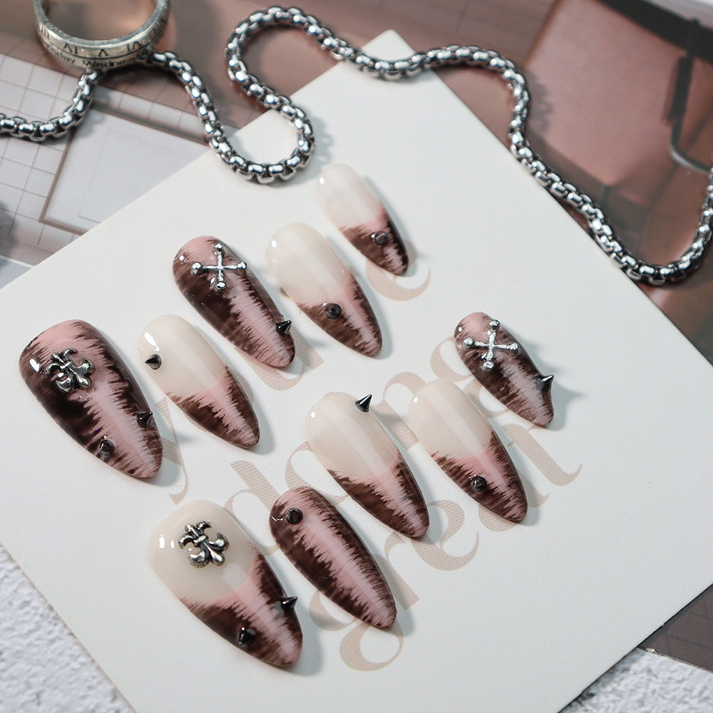 Chrome Hearts French Tip Handmade Almond  Nails A628 - NoirNail