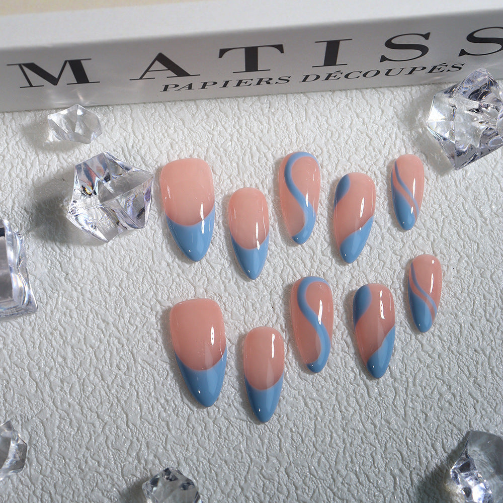 Baby Blue Classic French Tip Handmade Almond Press On Nails A638