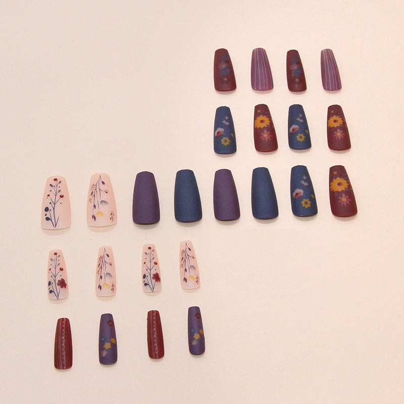 Retro Frosted Floral Stripes Coffin 24PCS Free Size Press on Nails W1809