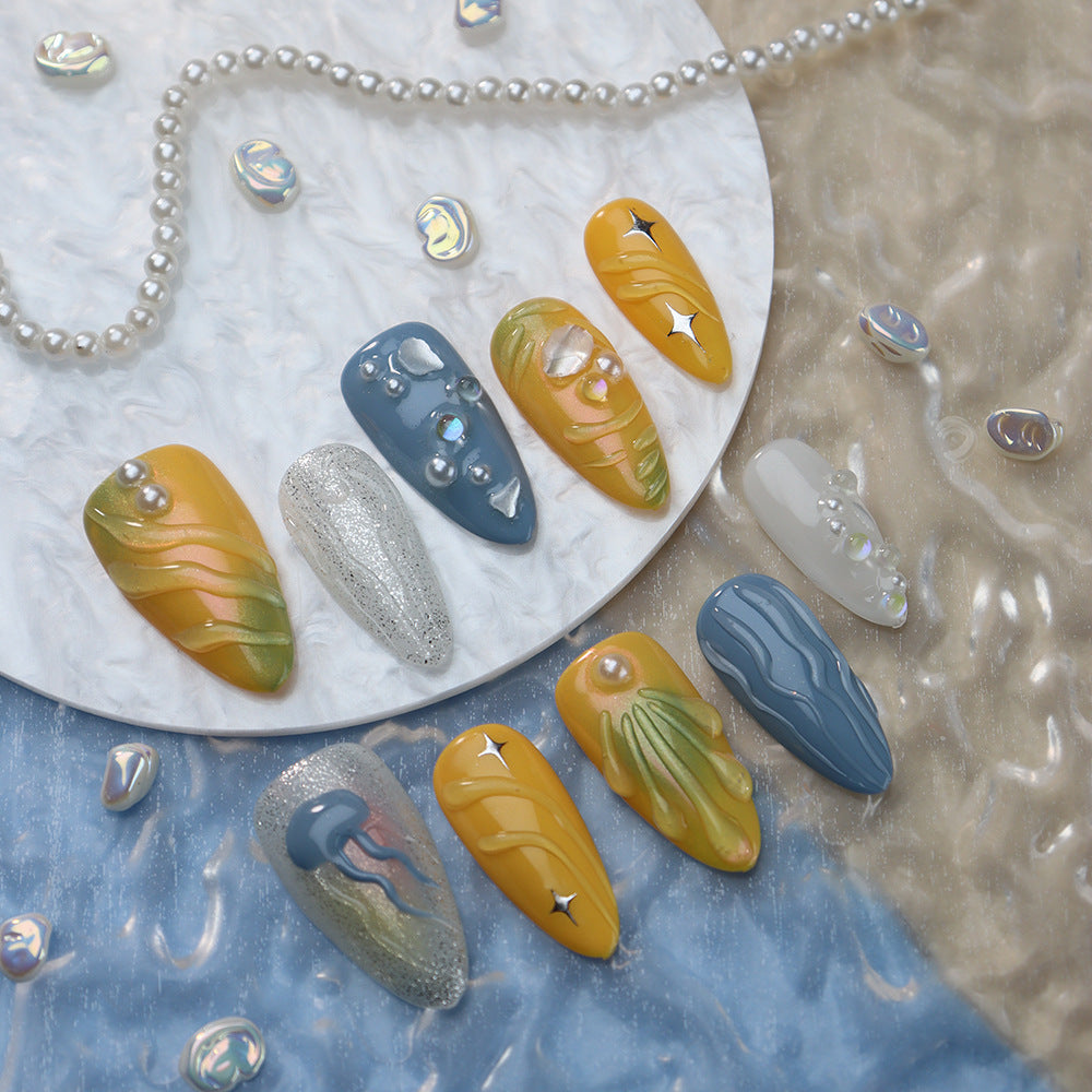 Pearl jellyfish Handmade Almond Press On Nails A806