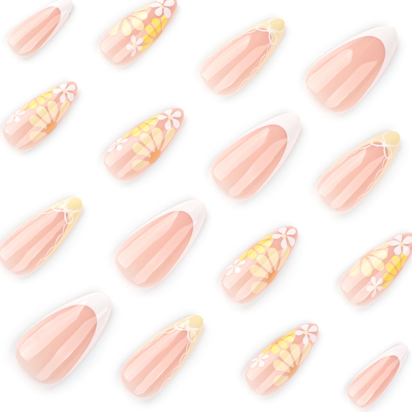 Yellow Flowers Almond 24PCS Free Size Press on Nails JP3796