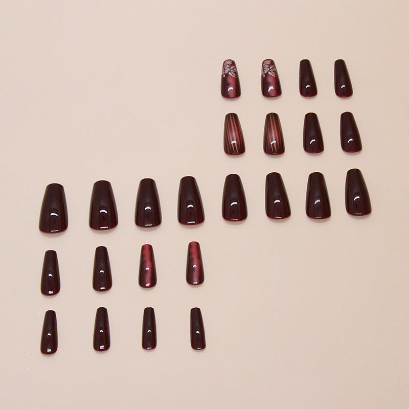 Dark Red Mysterious Blooming Flowers Coffin 24PCS Free Size Press on Nails W1826