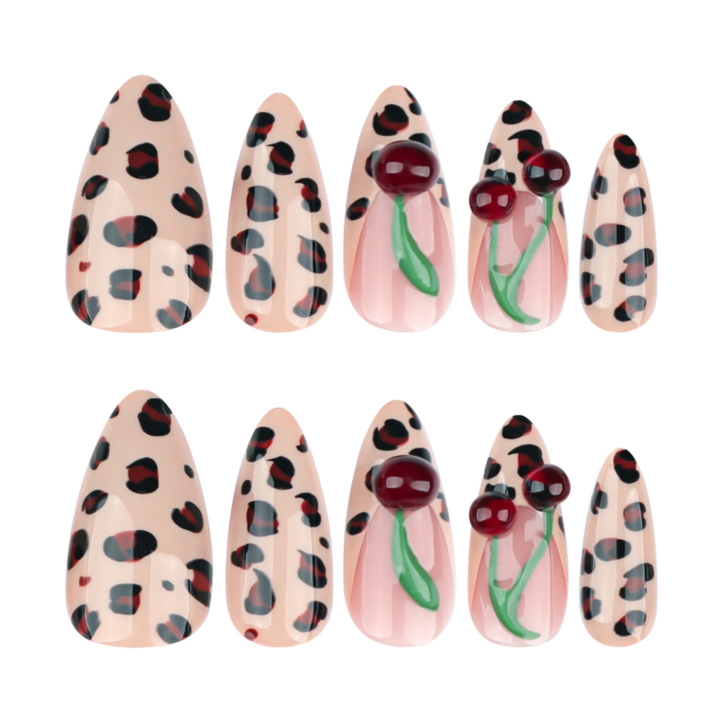 Leopard 3D Cherry Stiletto 24PCS Free Size Press on Nails JP3688