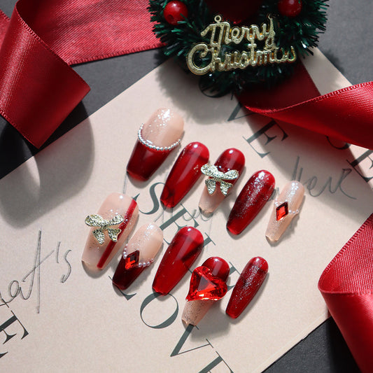 Merry Christmas Ruby Rhinestones Handmade Coffin Press On Nails  A674