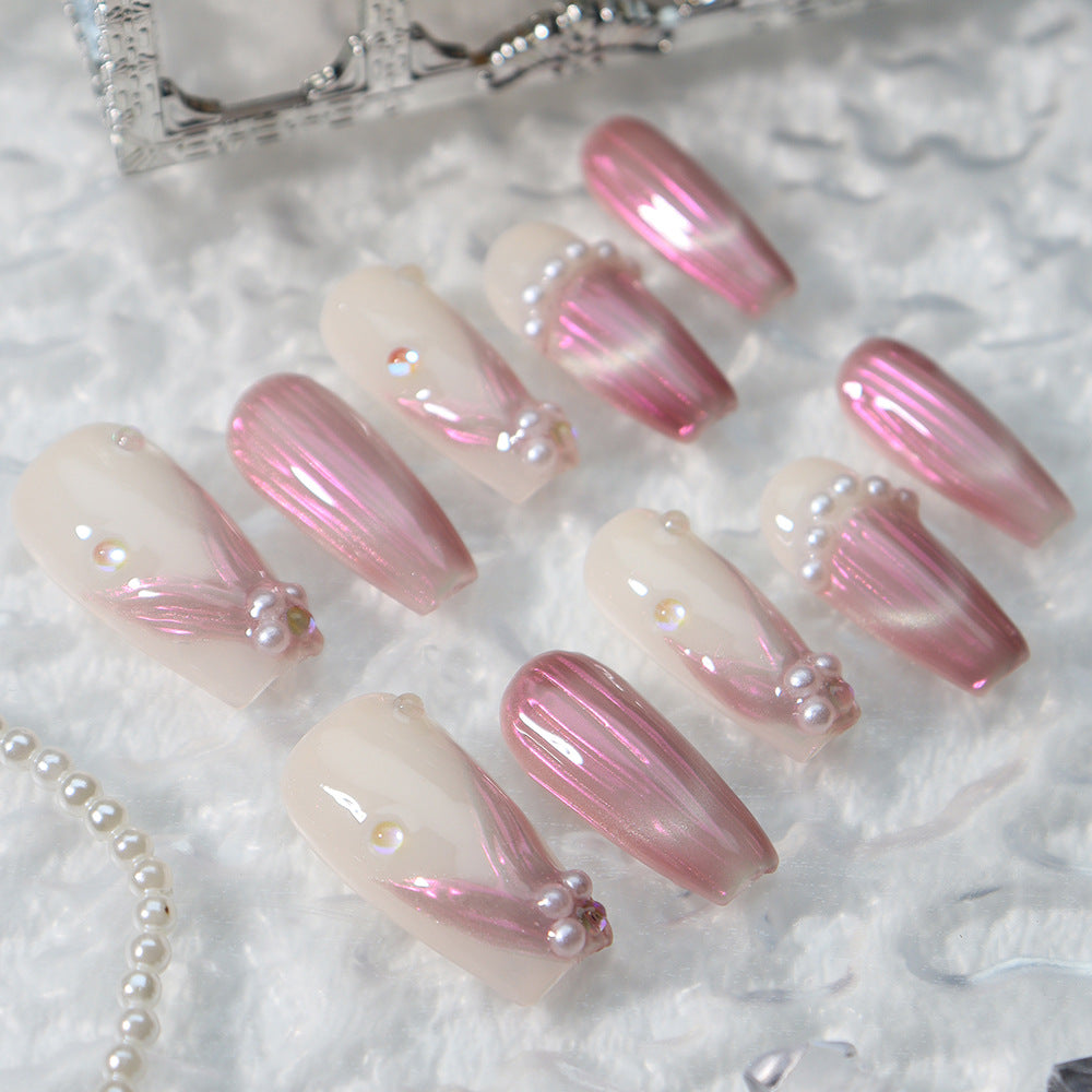 Peach Freshwater Pearl French Tip Handmade Coffin  Nails A402 - NoirNail