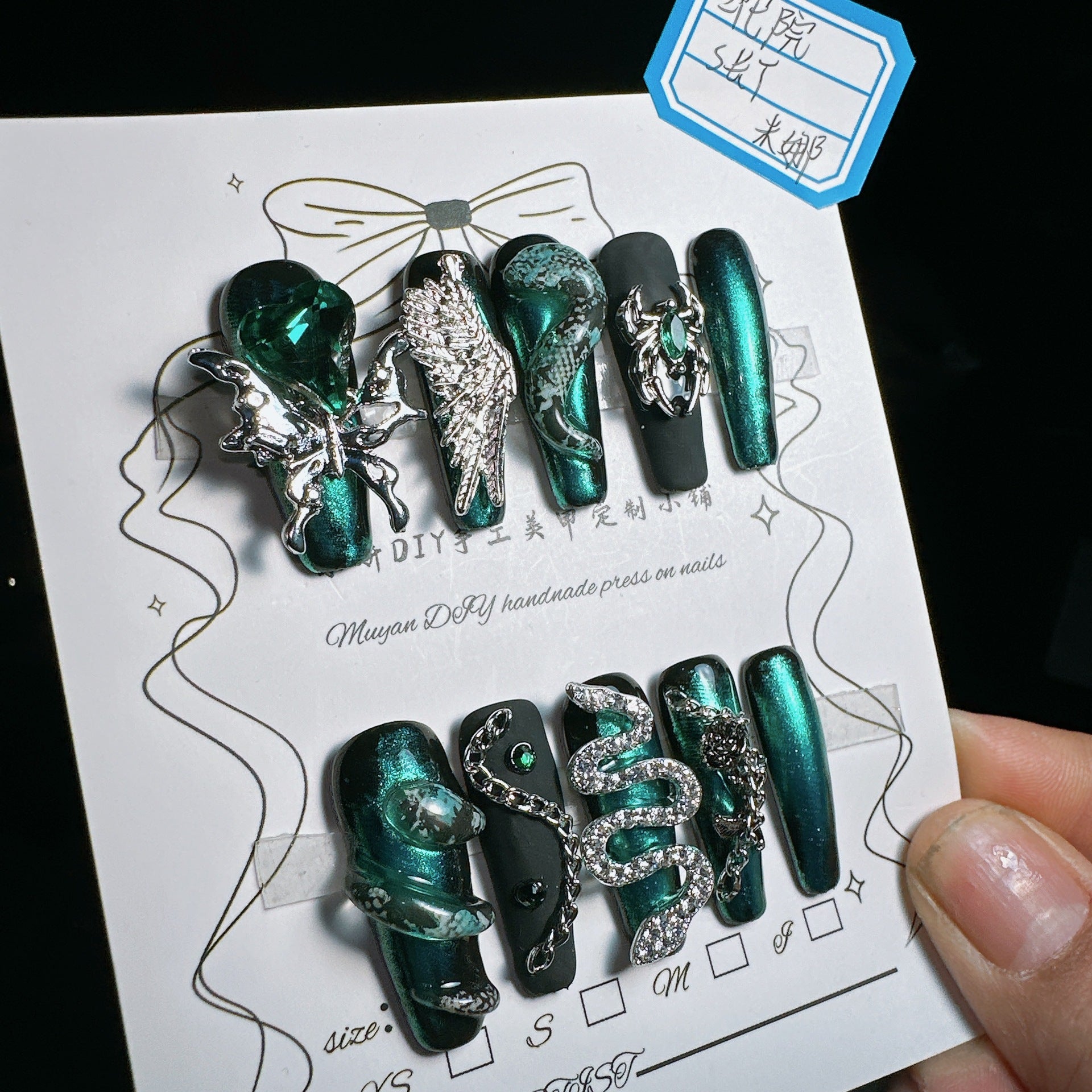 Harry Potter themed 3D Snake House Dark Green 100% Handmade Pressons - NoirNail