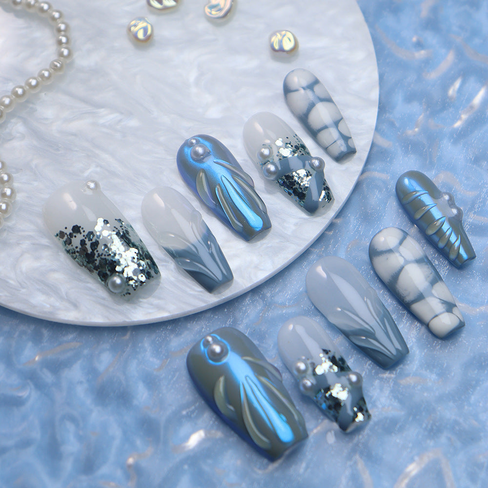 Blue Mother of Pearl  Handmade Coffin  Nails A805 - NoirNail