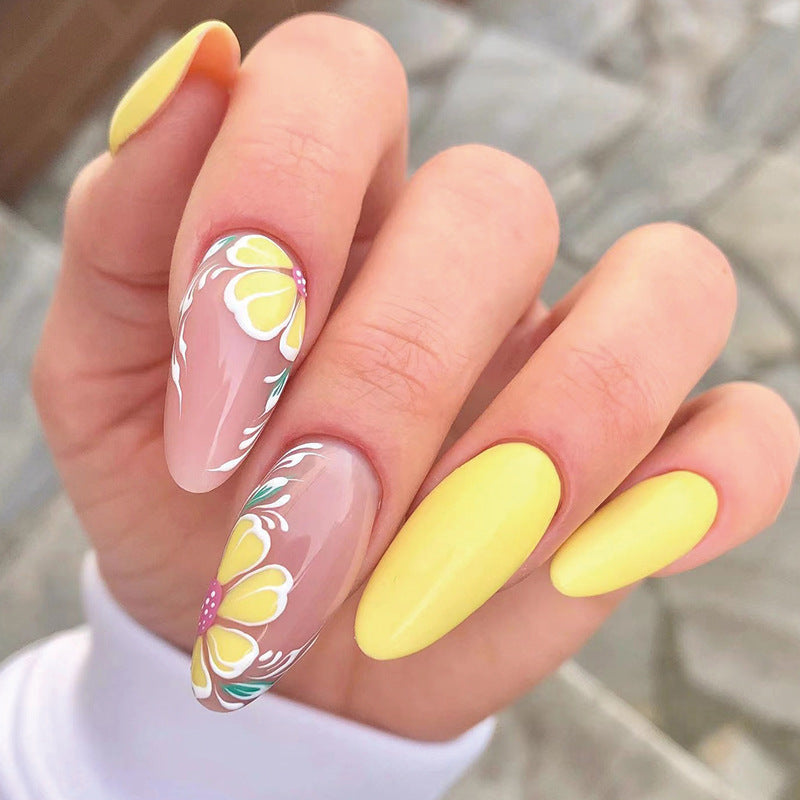 Small Yellow Flowers Almond Press on Nails - NoirNail