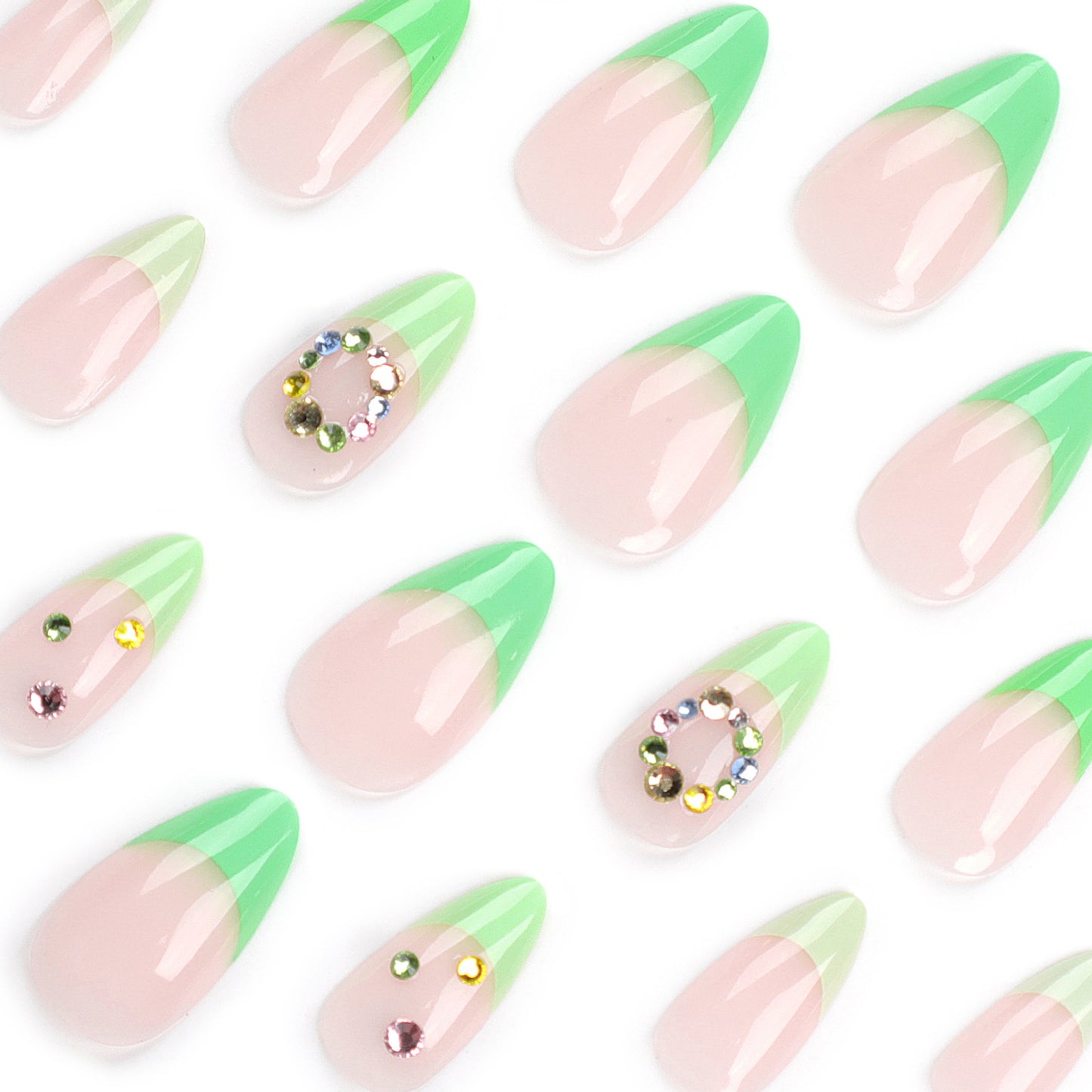 Mint Mambo French Tip Almond 24PCS Free Size Press on Nails JP2992