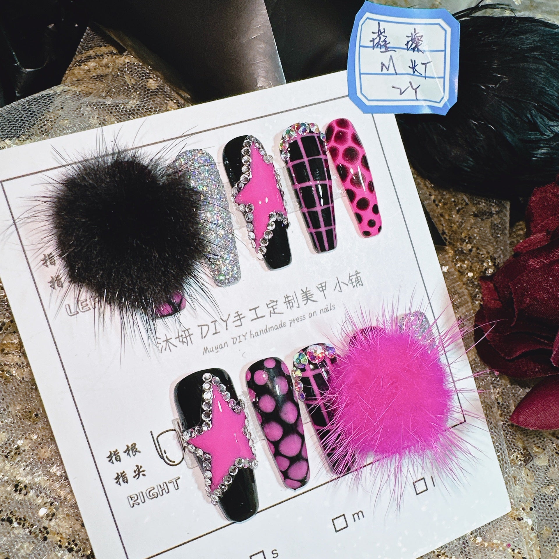 Handmade nail polish pink pompom Y2K style 100% Handmade Pressons - NoirNail