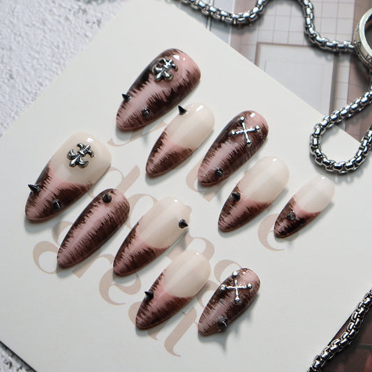 Chrome Hearts French Tip Handmade Almond  Nails A628 - NoirNail
