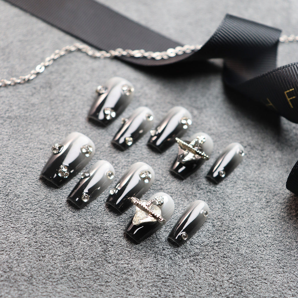 Black Velvet Rhinestones Y2K Handmade Coffin Press On Nails 114