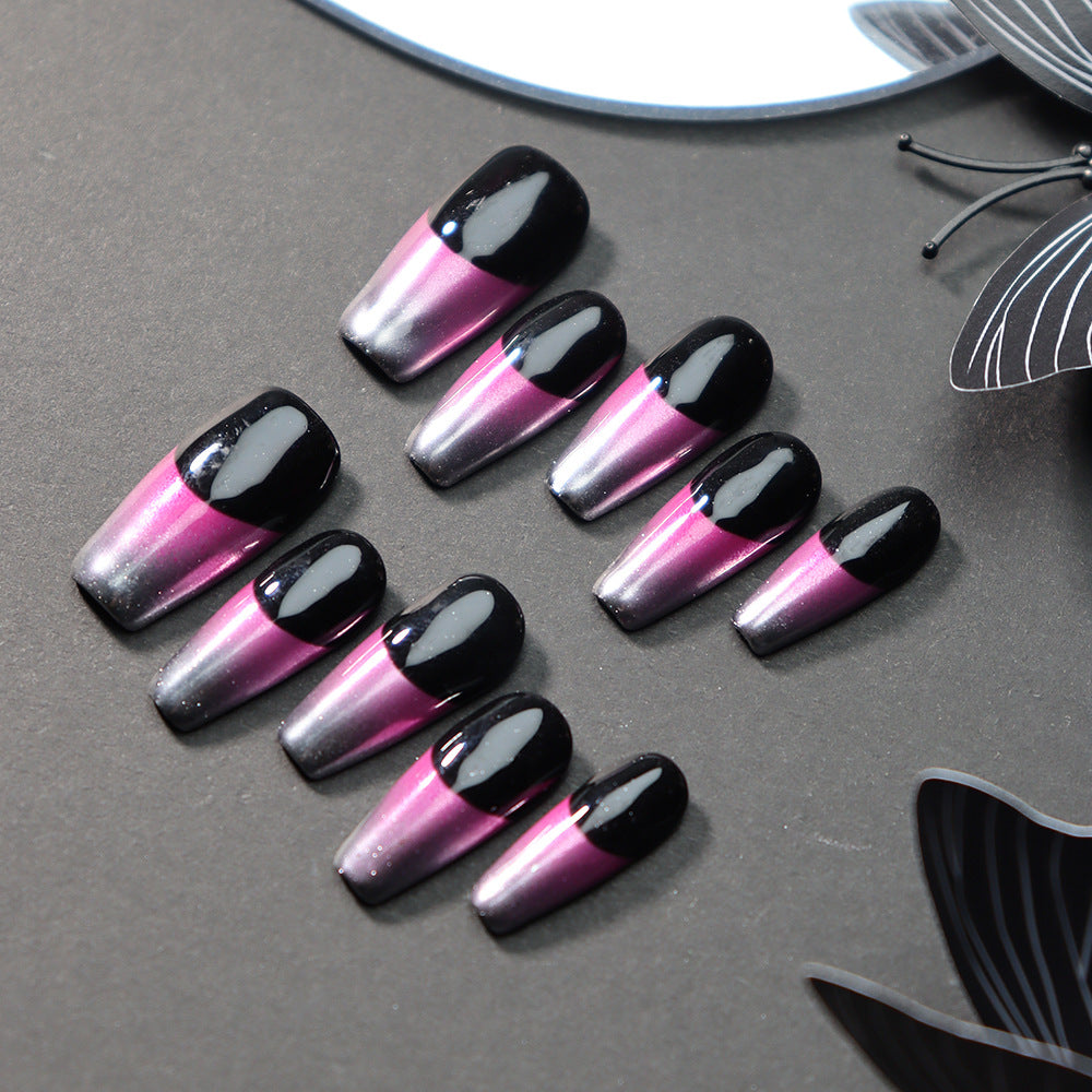 Gradient Glitter French Long Tip  Handmade Coffin  Nails  A679 - NoirNail