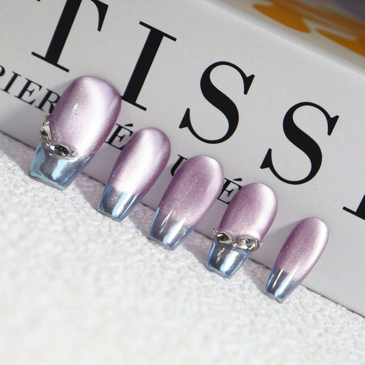 Violet Cat Eye Glue Handmade Coffin Press on Nails A439