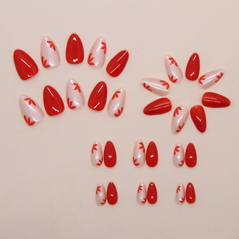Red Flower Almond 24PCS Free Size Press on Nails W1856