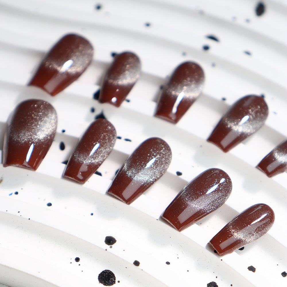 Hot Chocolate Simple Cat's Eye Handmade Almond Press on Nails 128