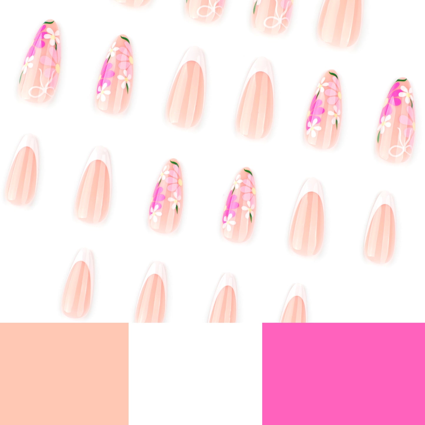 Pink Flowers Almond 24PCS Free Size Press on Nails JP3797