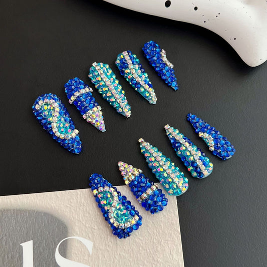 Sea Star Rhinestones Handmade Almond  Nails - NoirNail