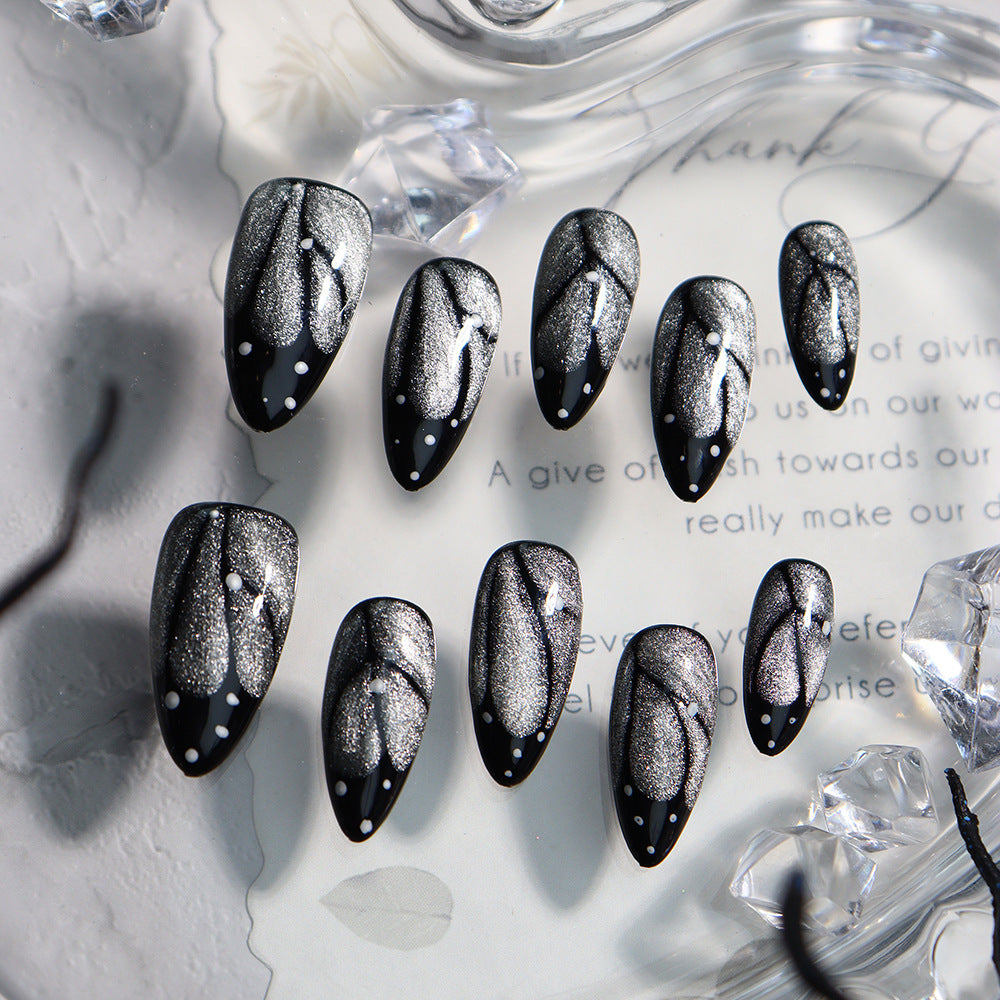 Butterfly Cat's Eye Y2K French Tip Handmade Almond  Nails  A661 - NoirNail