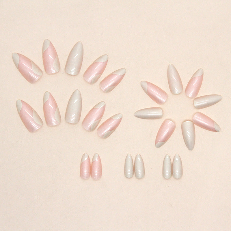 Freshwater Pearls French Tip Almond 24PCS Free Size Press on Nails W690