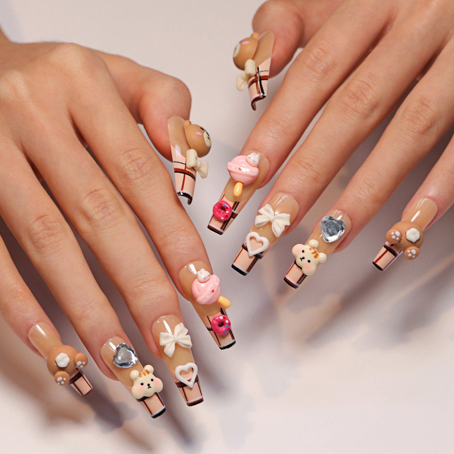 3D Cute Bear French Plaid Coffin 24PCS Free Size Press on Nails JP2796