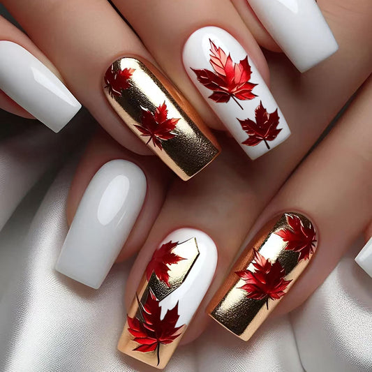 Red Maple Leaf Square 24PCS Free Size Press on Nails W1860