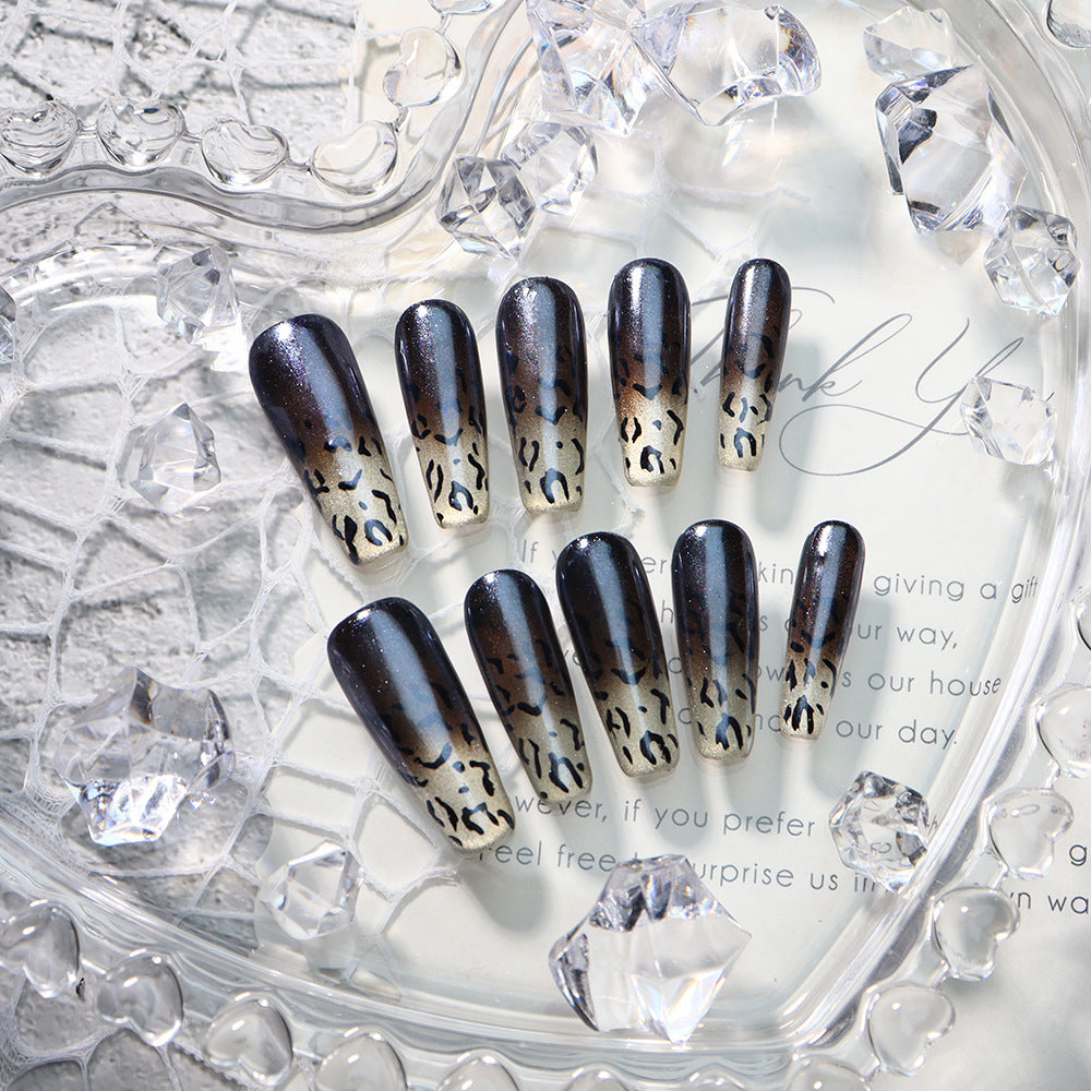 Black Leopard Print Handmade Coffin Press On Nails A730