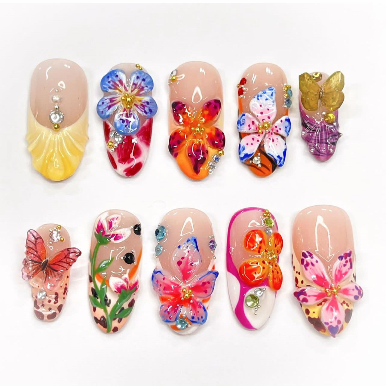 Tropical Flowers French Tip Almond 24PCS Free Size Press on Nails JP3468