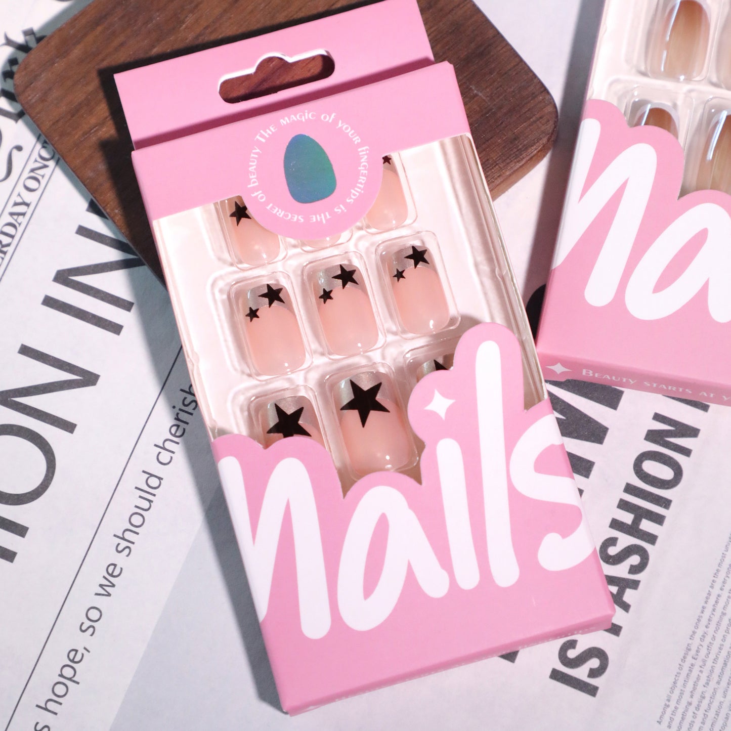 French Point Pearl Star Square 24PCS Free Size Press on Nails JL0689