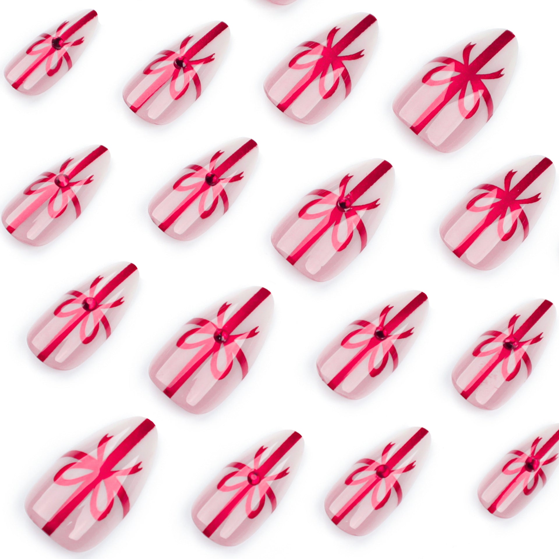 Red Ribbon Almond 24PCS Free Size Nails JP3451 - NoirNail
