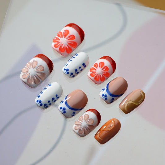 Grapefruit Lemon French Tip Handmade Square Press On Nails A704