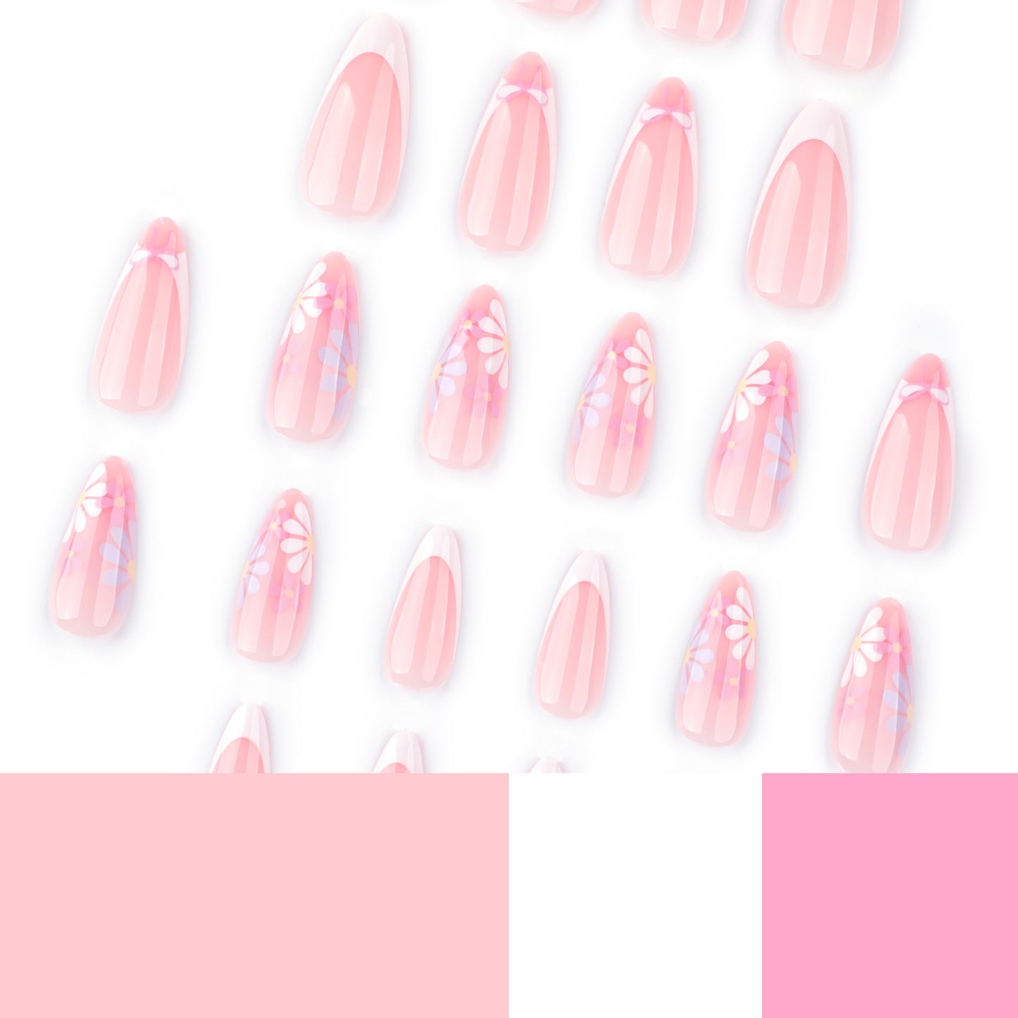 White Flowers Almond 24PCS Free Size Press on Nails JP3795