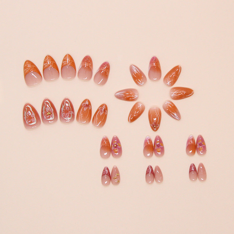 3D Water Ripple Lily Almond 24PCS Free Size Press on Nails