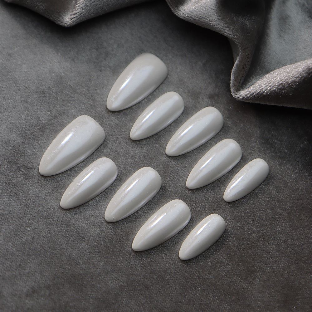 White Mother of Pearl Handmade Almond  Nails  A455 - NoirNail