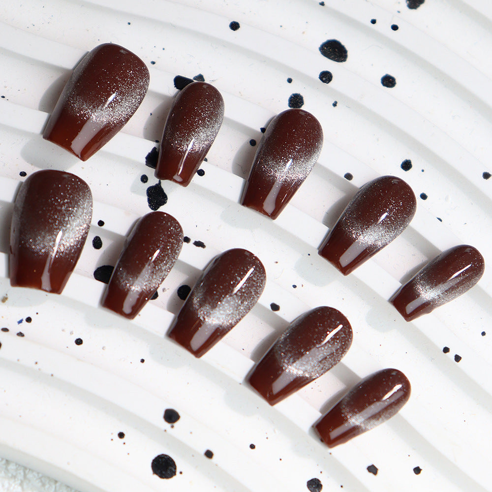 Hot Chocolate Simple Cat's Eye Handmade Almond Press on Nails 128