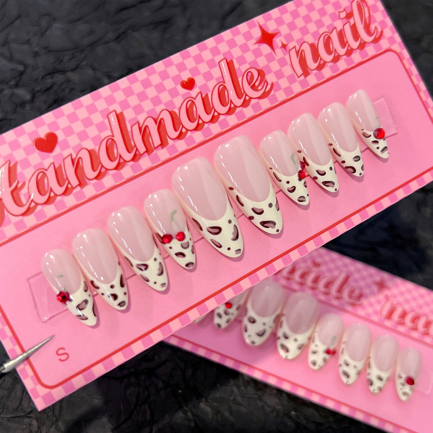 French Leopard 3D Cherry Almond 10PCS Free Size Press on Nails SP174