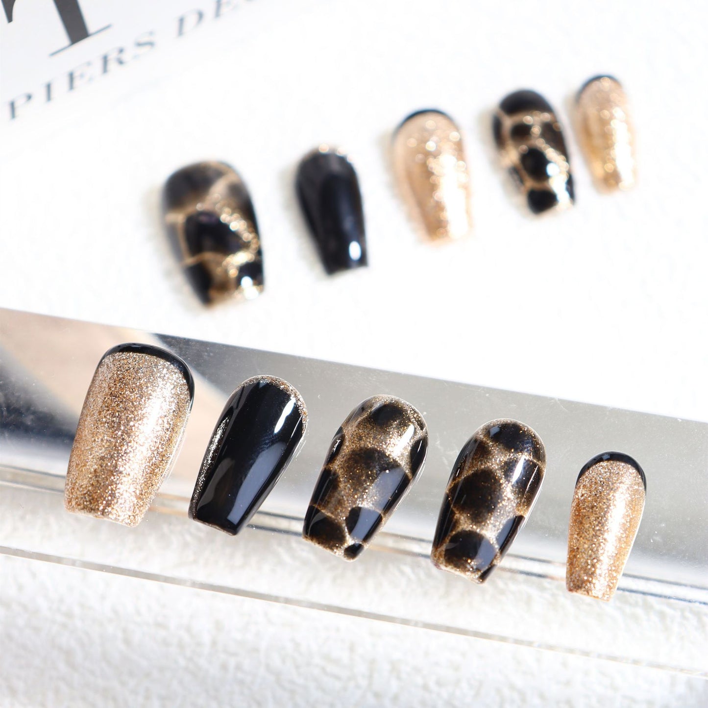 Golden Yemen Reverse French Handmade Almond Press On Nails A481