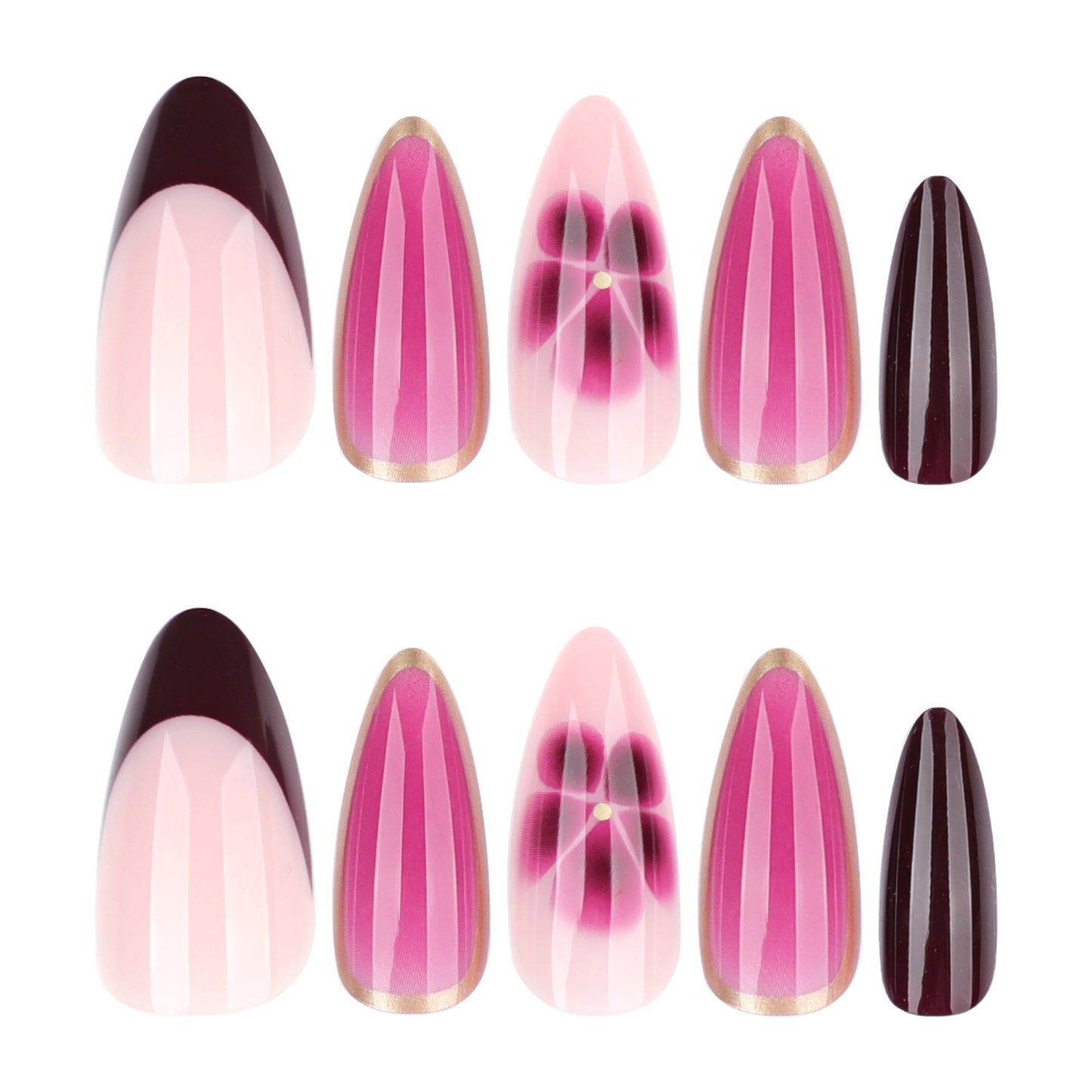 Pink Blooming Flowers Almond 24PCS Free Size Press on Nails JP3826