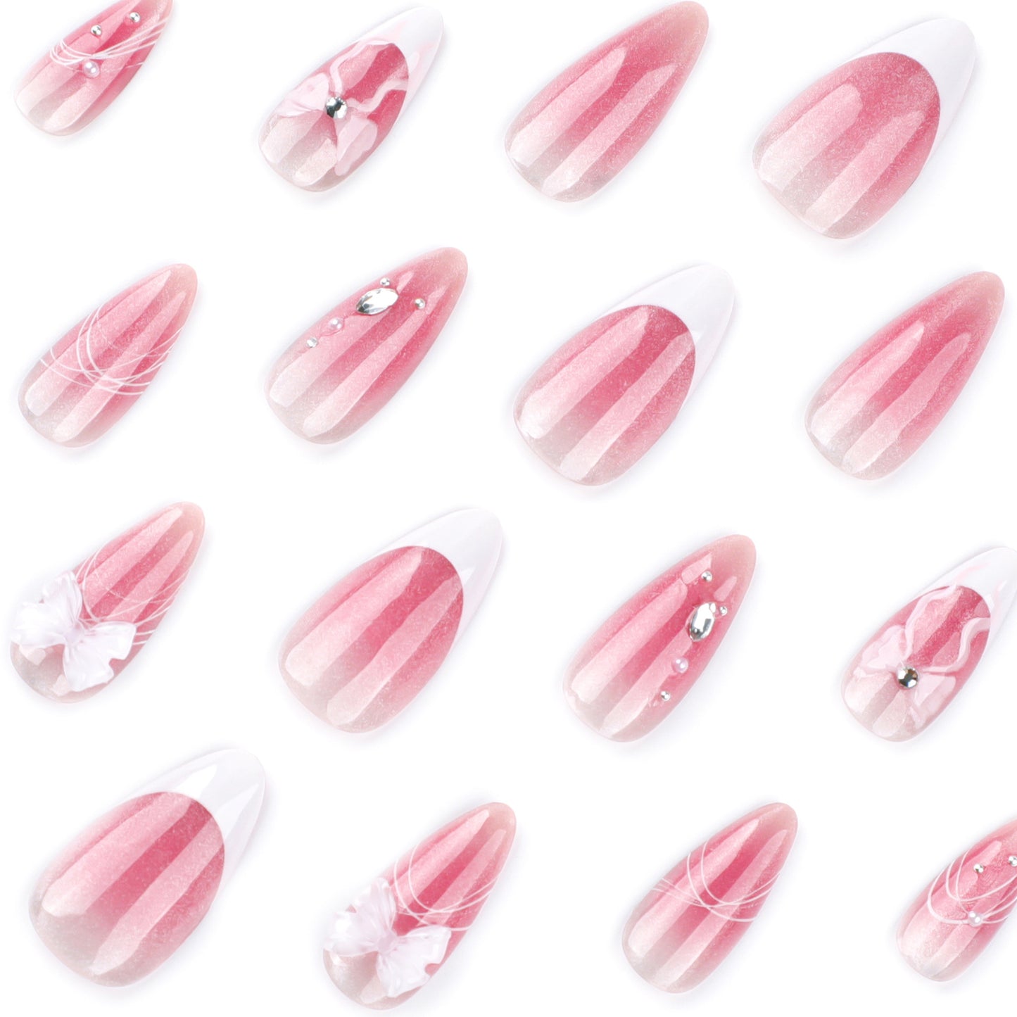 Cat Eye Gradient 3D Bow Almond 24PCS Free Size Press on Nails JP3779