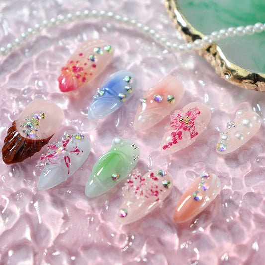 Dopamine Crystal Starfish French Tip Handmade Almond  Nails  A920 - NoirNail