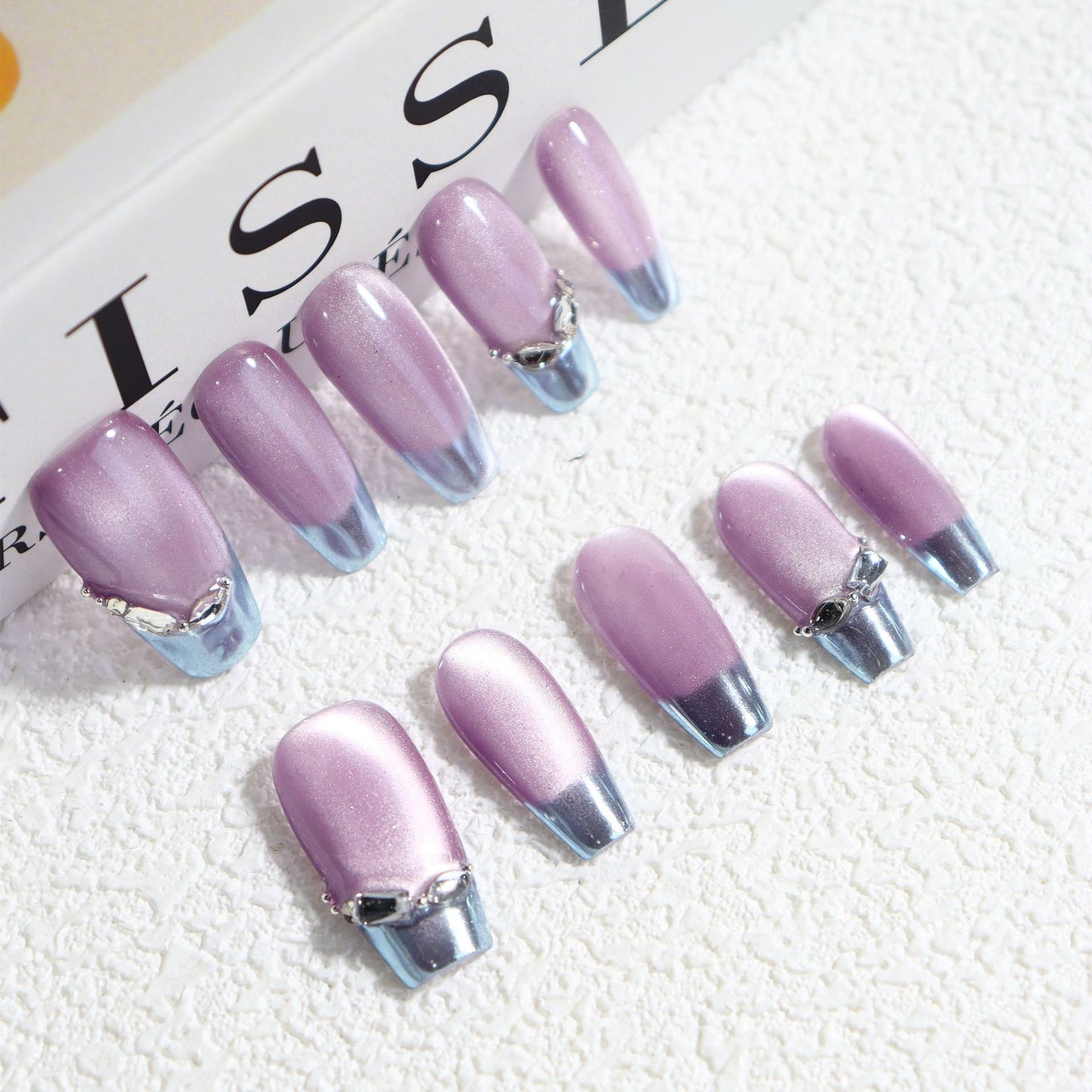 Violet Cat Eye Glue Handmade Coffin Press on Nails A439