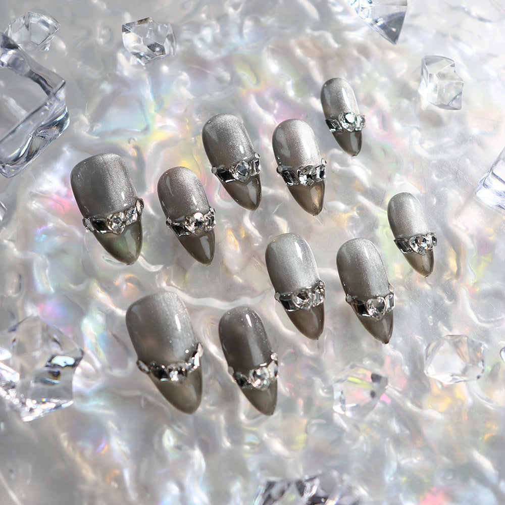 Brown crystal shoes Handmade Almond Press On Nails A672